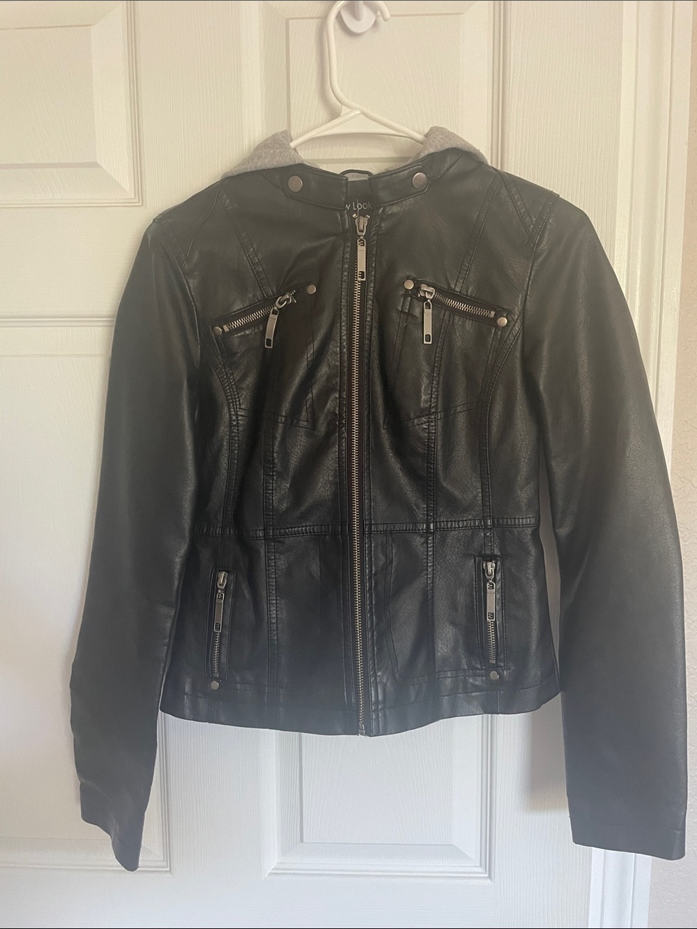 New Look Black Faux Leather Jacket with Gray Hood Accent - S